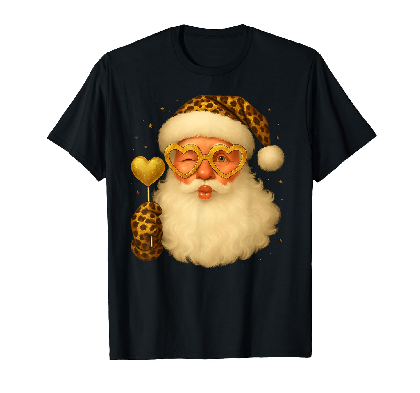 Santa Leopard Heart Glasses Merry Christmas Girl Women Kid T-Shirt