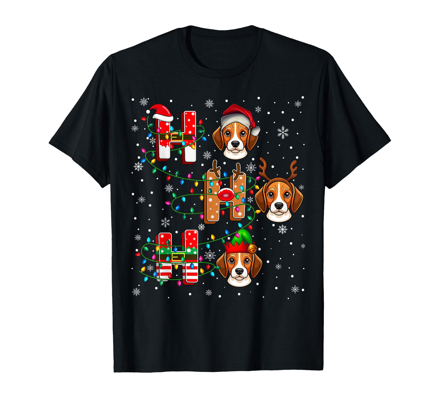 Ho Ho Ho Santa Reindeer Hat Elf Matching Beagle Dog Xmas T-Shirt