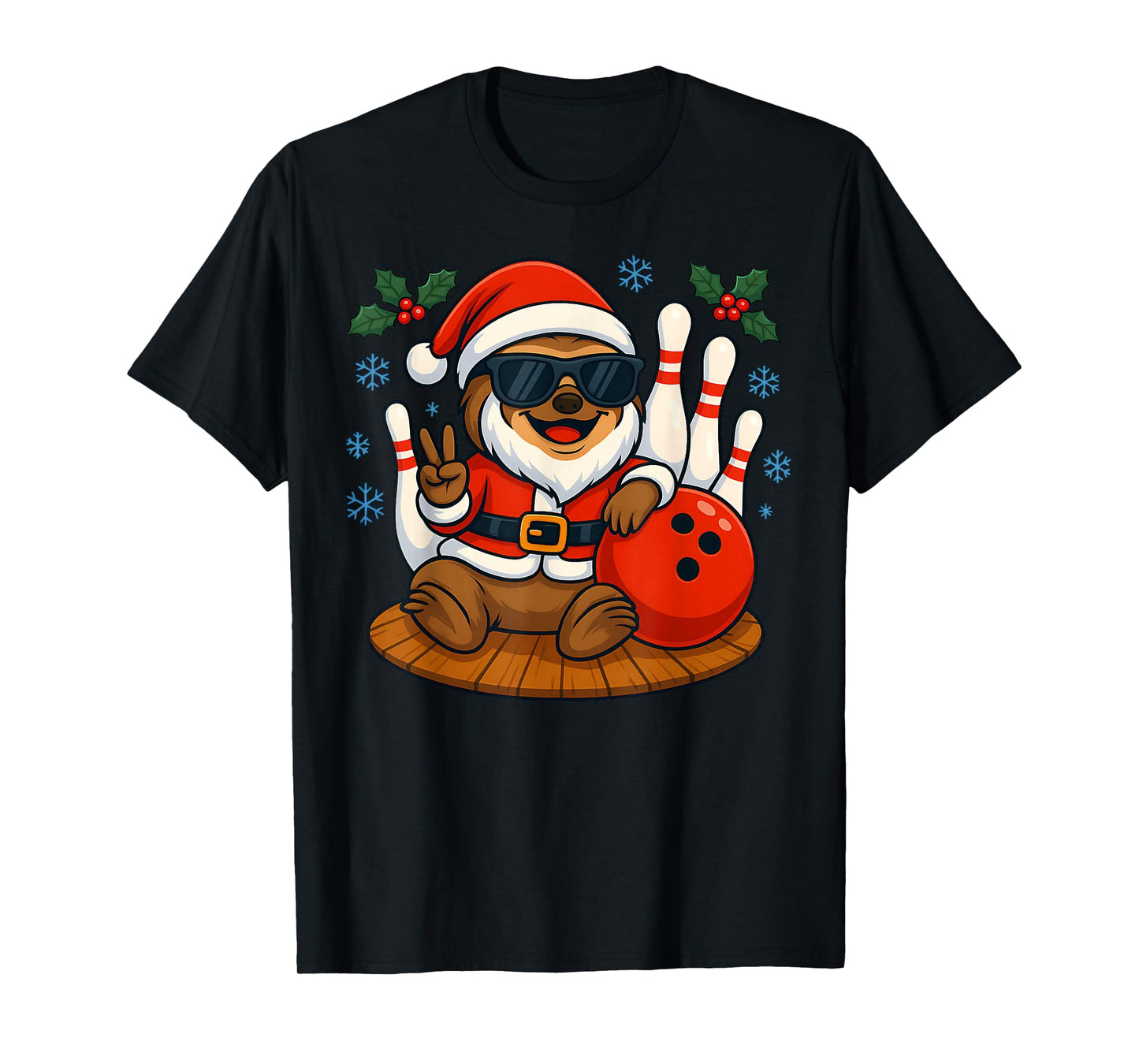 Santa Sloth Bowling Christmas Funny Holiday Vibes Men Women T-Shirt
