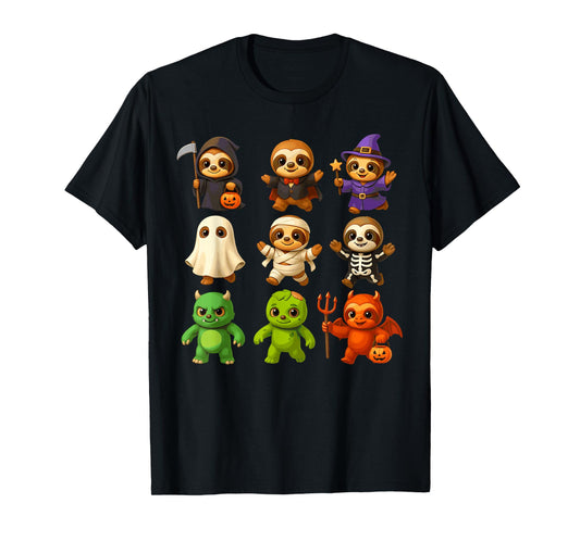 Cute Sloths Witch Pumpkin Skeleton Costume Happy Halloween T-Shirt