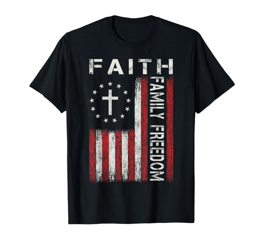 Faith Family Freedom Jesus Christian Cross Flag Religious T-Shirt