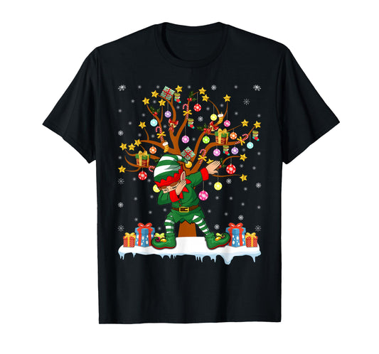 Elf Xmas Tree Lighting Matching Family Dabbing Elf Christmas T-Shirt
