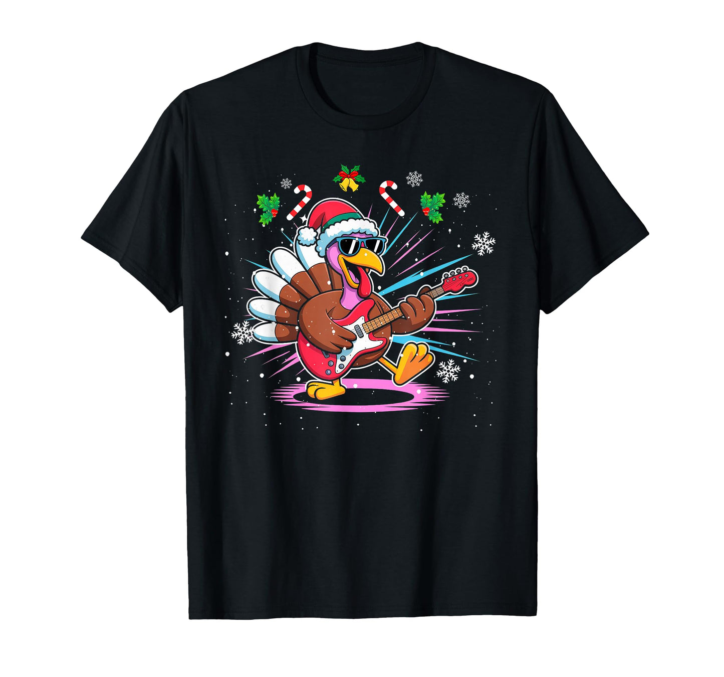 Funny Thanksgiving Santa Hat Turkey Rock Star Playing Guitar T-Shirt