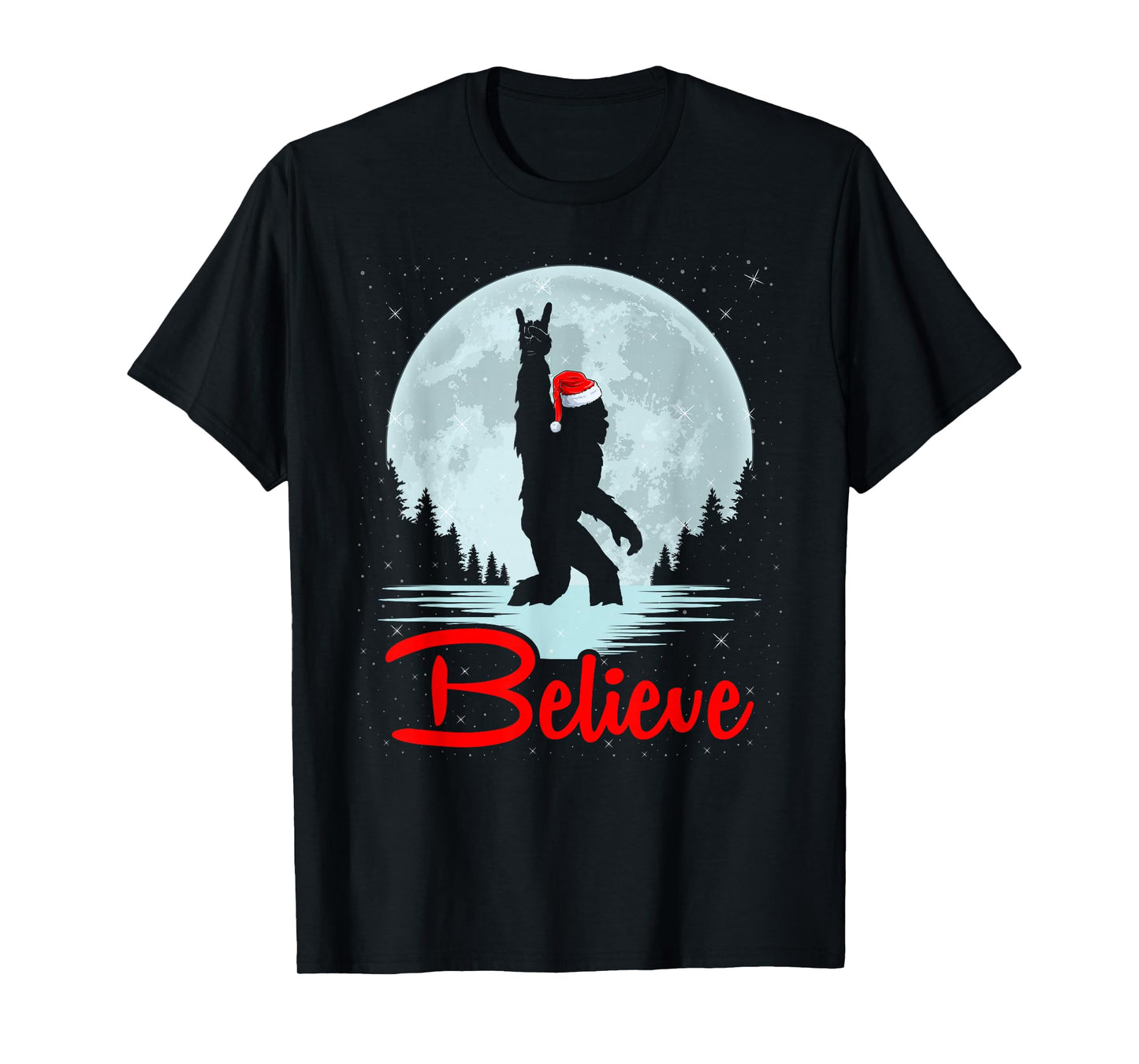 Santa Bigfoot Xmas Funny Sasquatch in Moon Believe Christmas T-Shirt