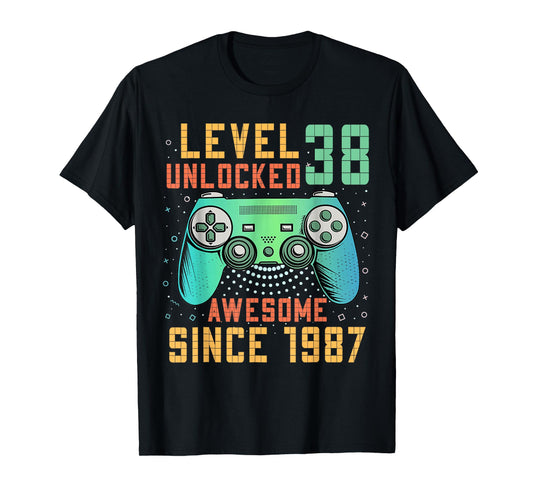 38th Birthday Gamer 38 Year Old Bday Men Game Level Unlocked T-Shirt