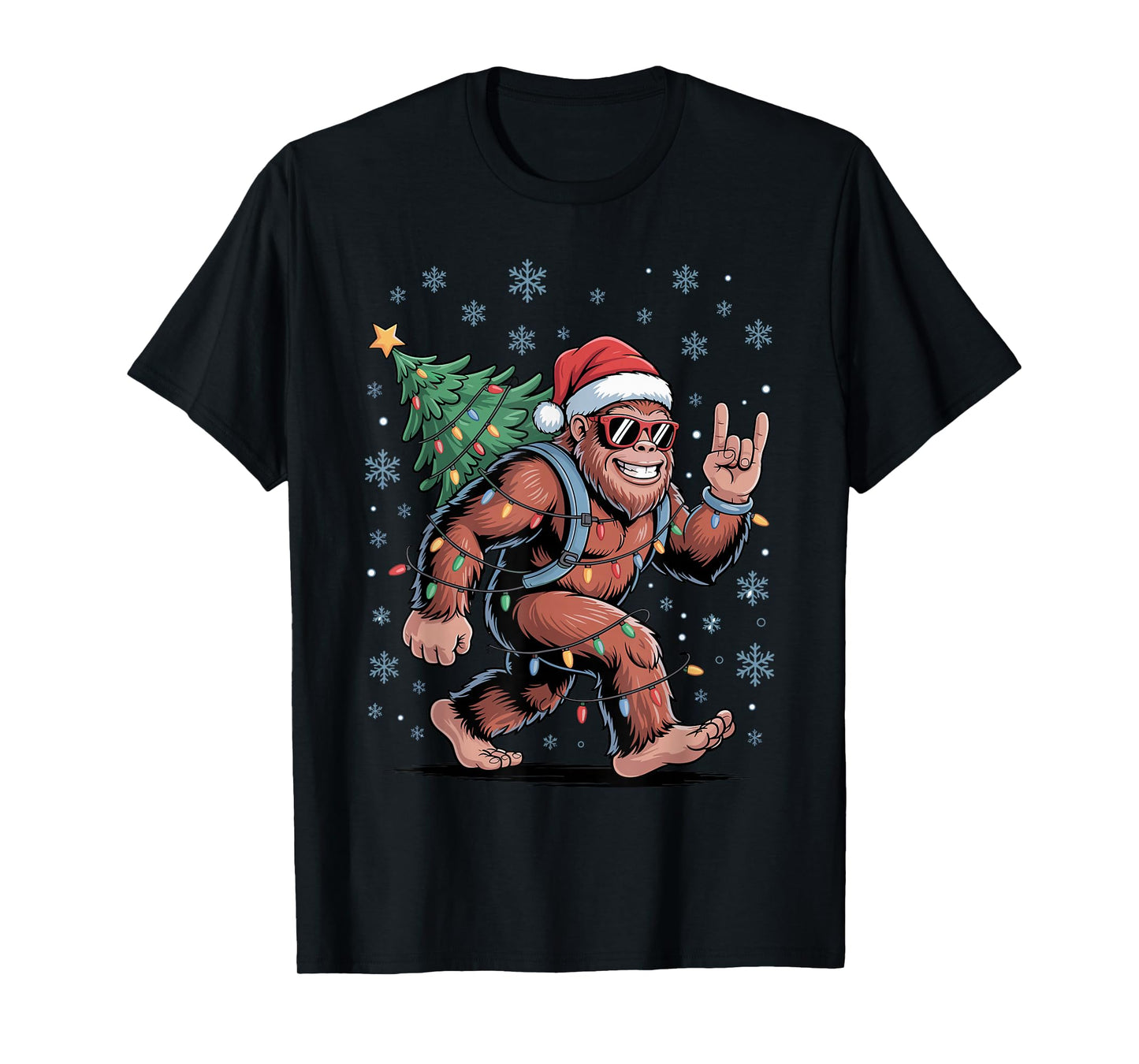 Santa Bigfoot Christmas Tree Xmas Lights Funny Sasquatch T-Shirt