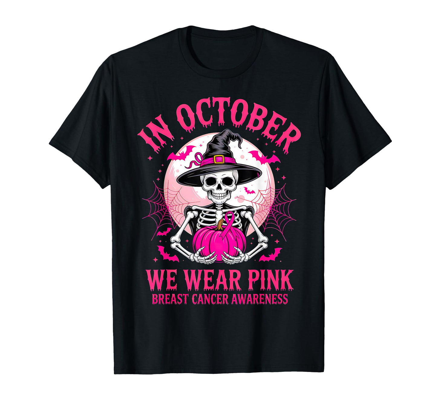 Halloween Breast Cancer Awareness Spooky Skeleton Witch T-Shirt