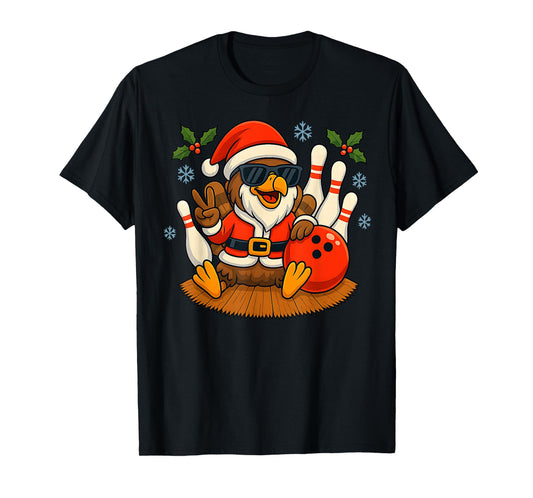 Cute Santa Turkey Bowling Christmas Funny Holiday Vibes T-Shirt