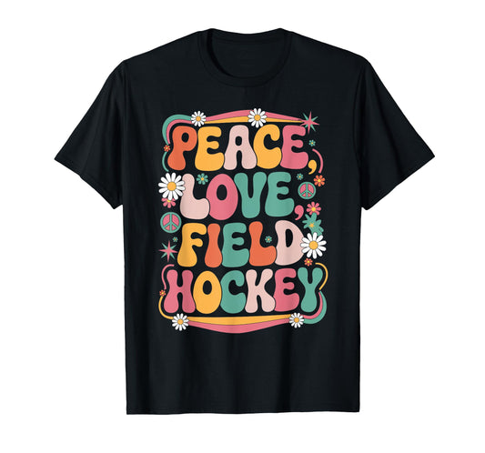 Peace Love Field Hockey 70s Hippie Retro Field hockey player T-Shirt
