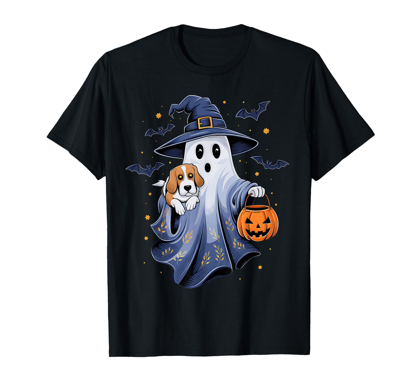 Ghost Witch Holding Beagle Dog Pumpkins Vintage Halloween T-Shirt