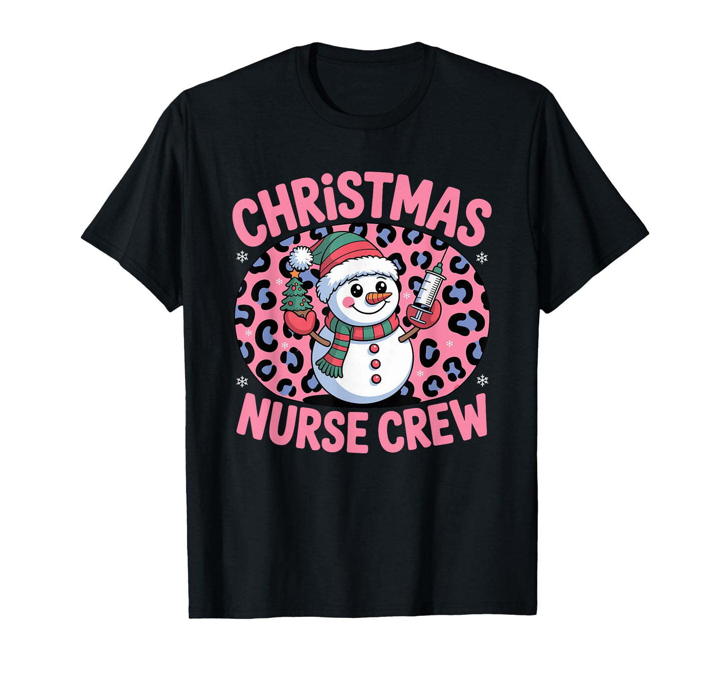 Nurse Christmas Crew Snowman Pink Leopard Print T-Shirt