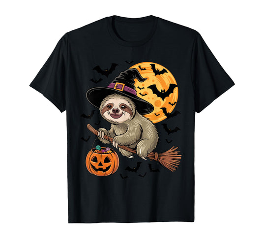 Cute Sloth Witch Hat on Broom Halloween Pumpkin Candy Bucket T-Shirt