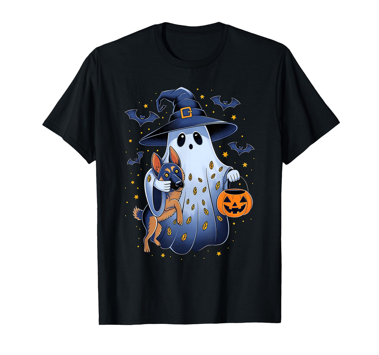 Ghost Witch Holding German Shepherd Dog Pumpkins Halloween T-Shirt