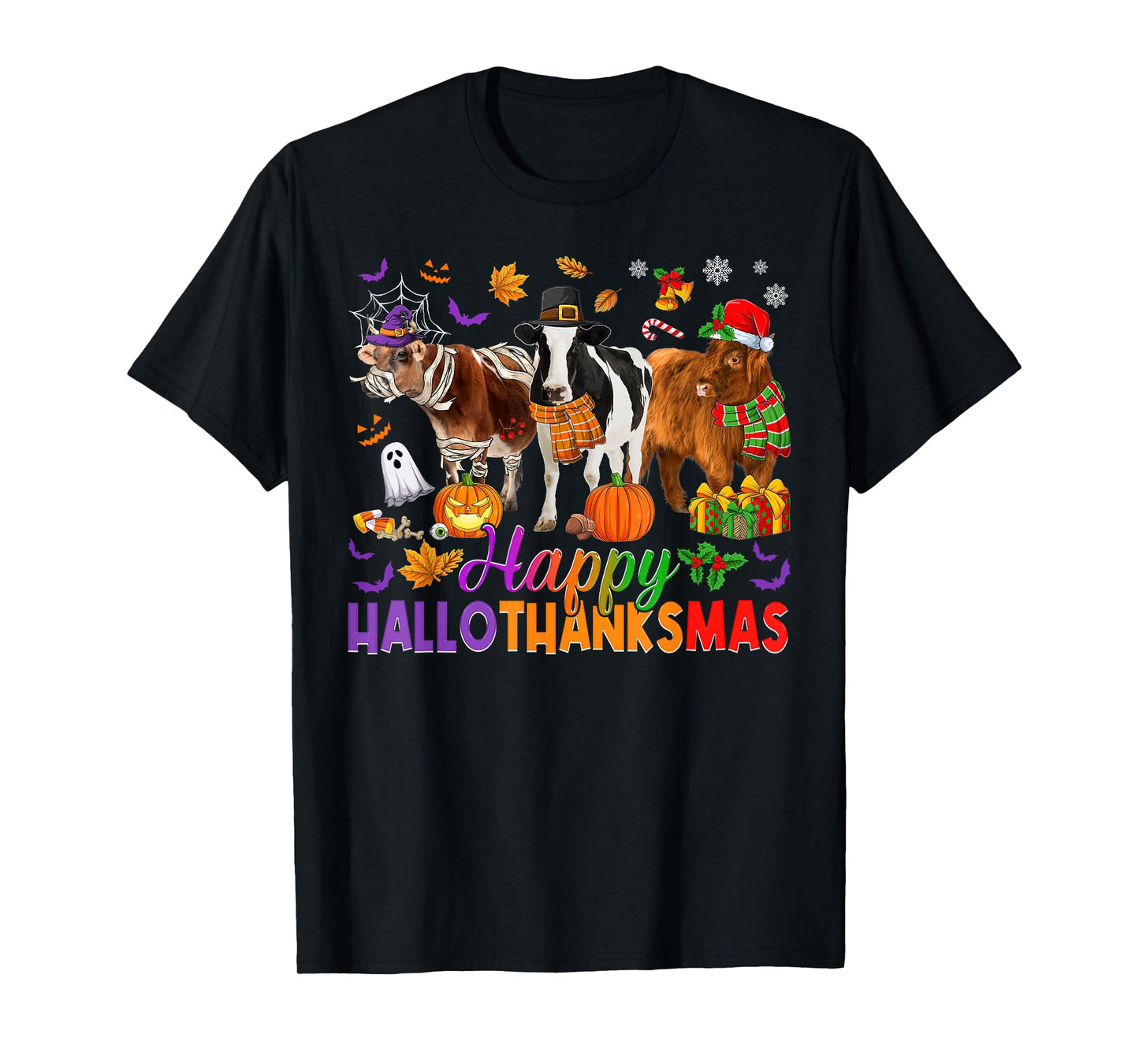 Happy Hallothanksmas Halloween Thanksgiving Christmas Cows T-Shirt