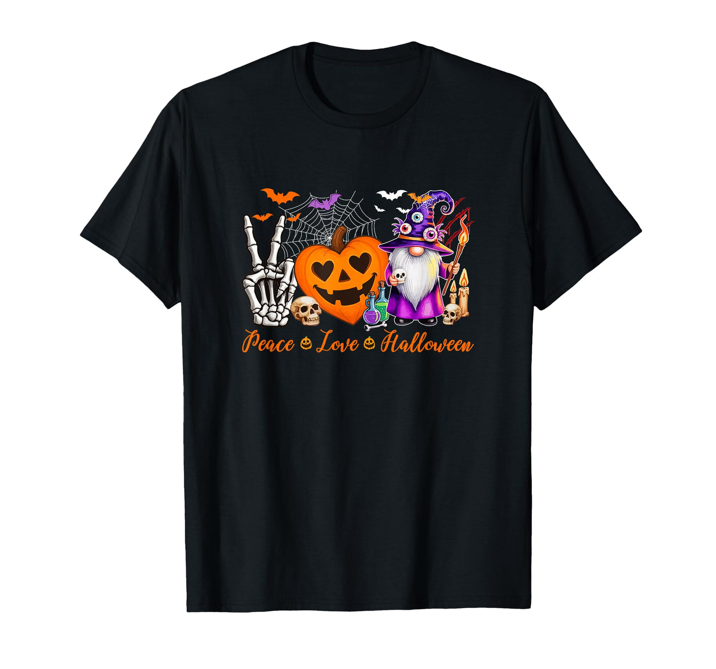Peace Love Halloween Gnome Horror Carved Pumpkin Cute Heart T-Shirt