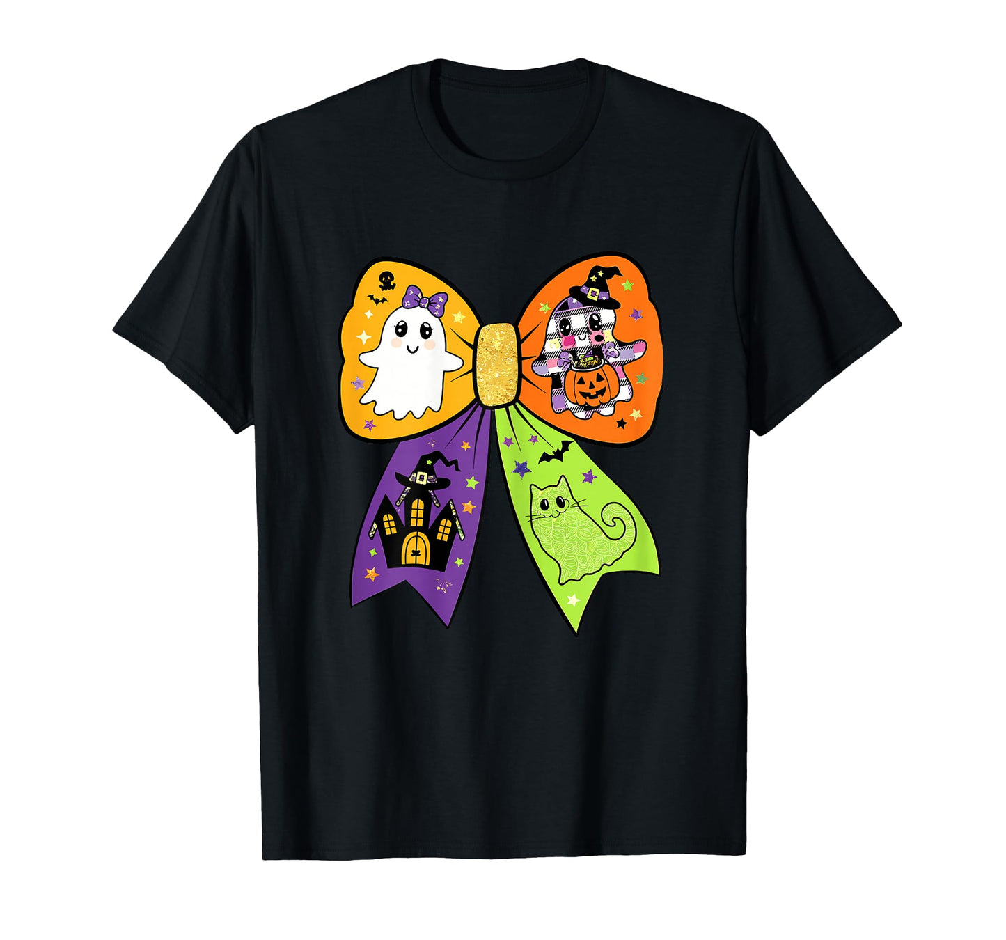 Kawaii Halloween Bow with Cute Ghost Witch Cat & Pumpkin T-Shirt