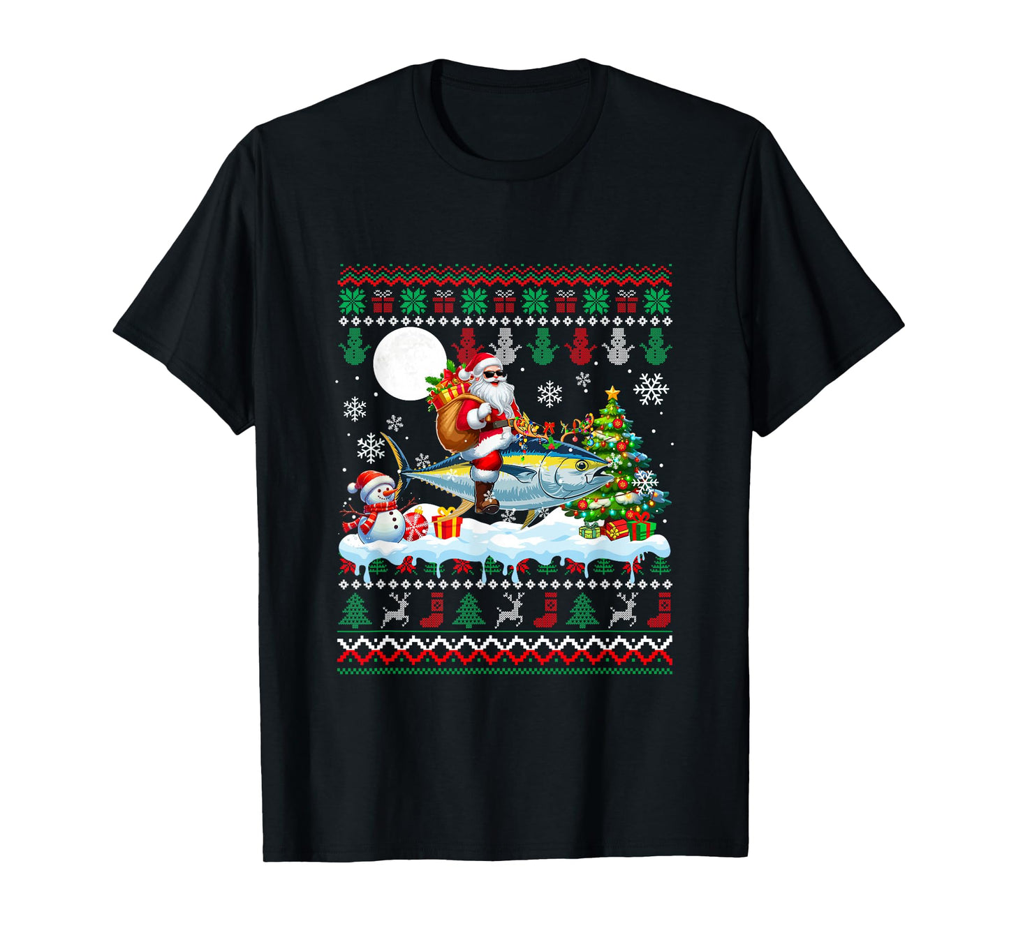 Santa Riding Reindeer Tuna Sweater Xmas Tree Snowman T-Shirt
