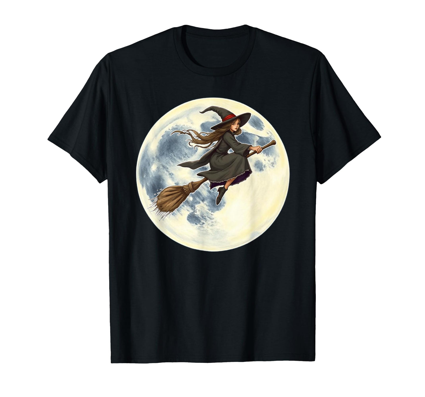 Witch Flying on Broom Halloween Full Moon Women Youth Kids T-Shirt
