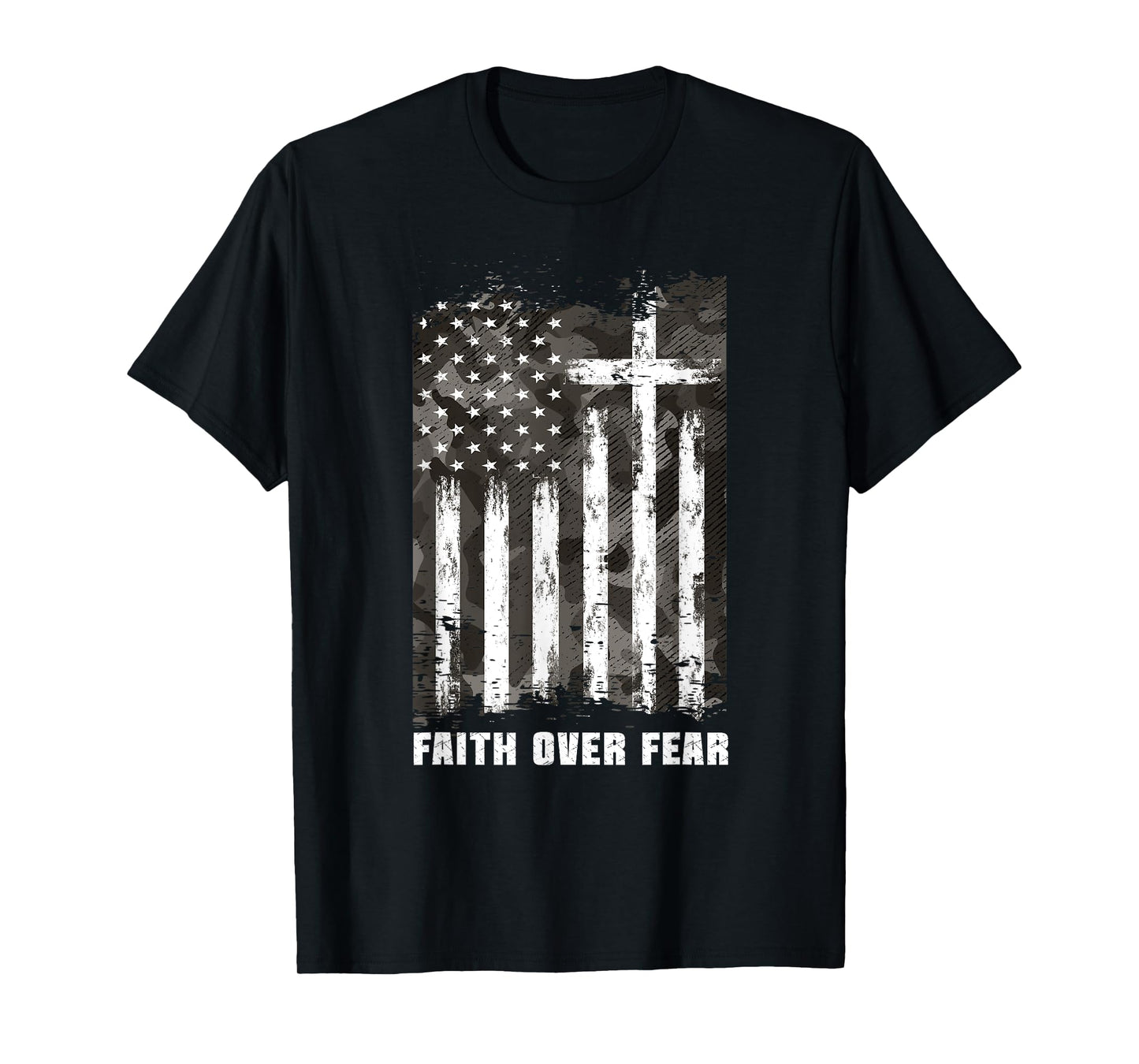 Faith Over Fear Christian Cross Camouflage American Flag T-Shirt