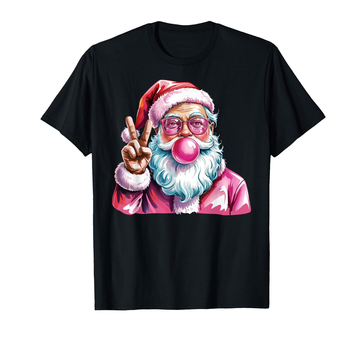 Christmas Peace Sign Hand Santa Claus Pink Bubble Gum Xmas T-Shirt