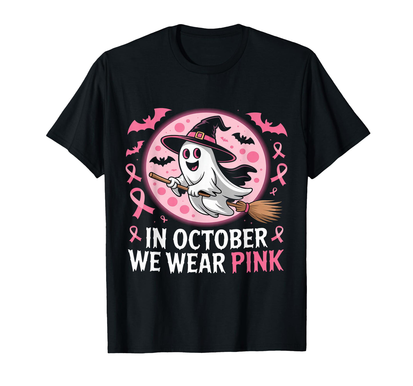 in October We Wear Pink Ghost Witch Breast Cancer Awareness T-Shirt