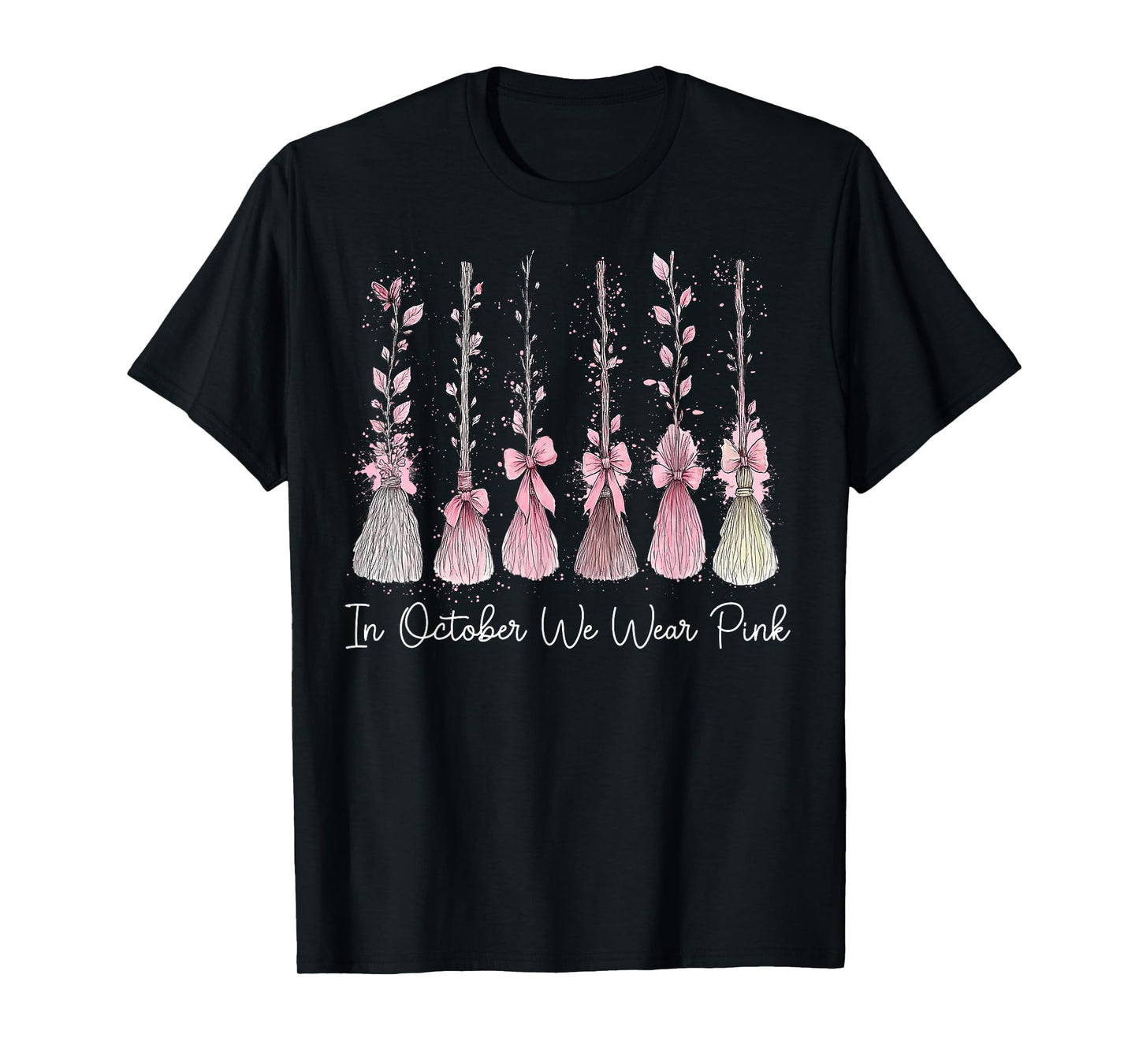 in October We Wear Pink Witch Broom Halloween Breast Cancer T-Shirt