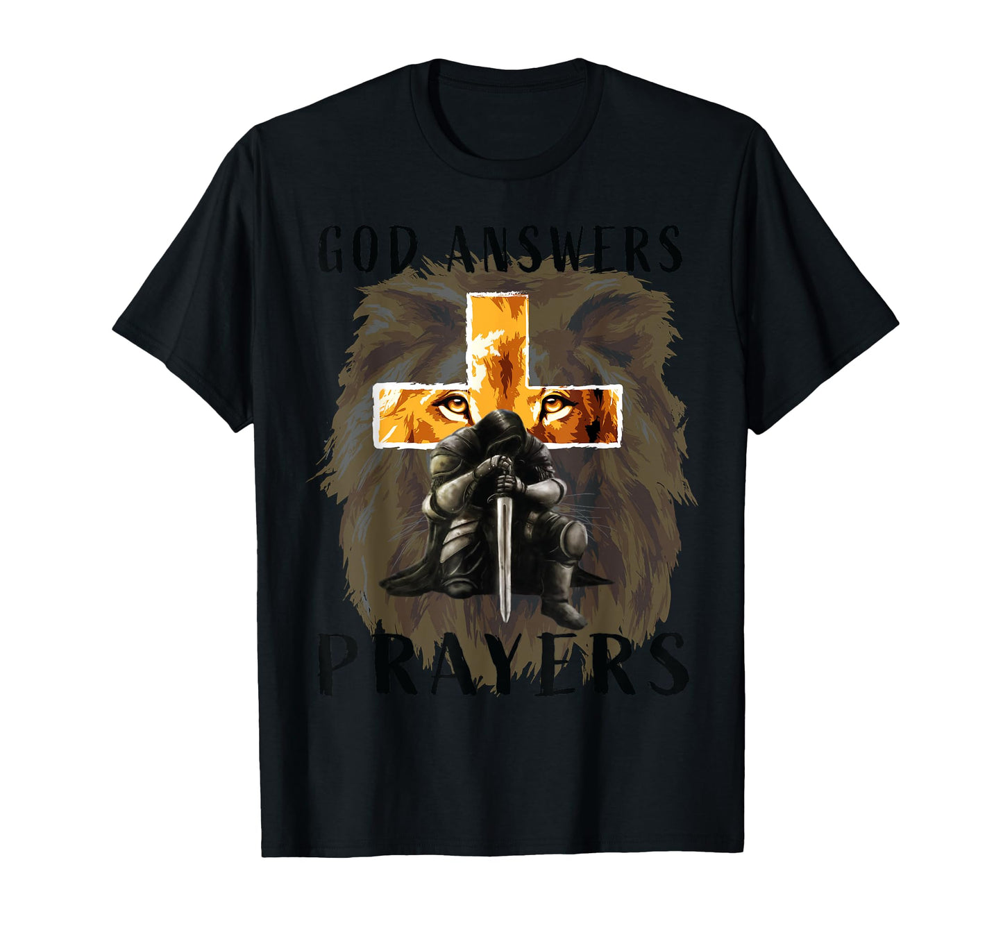 God Answers Prayers Warrior Men Christian Cross Lion Graphic T-Shirt