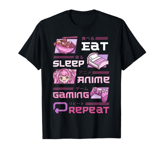 Gamer Gaming Video Games Funny Eat Sleep Anime Gaming Repeat T-Shirt