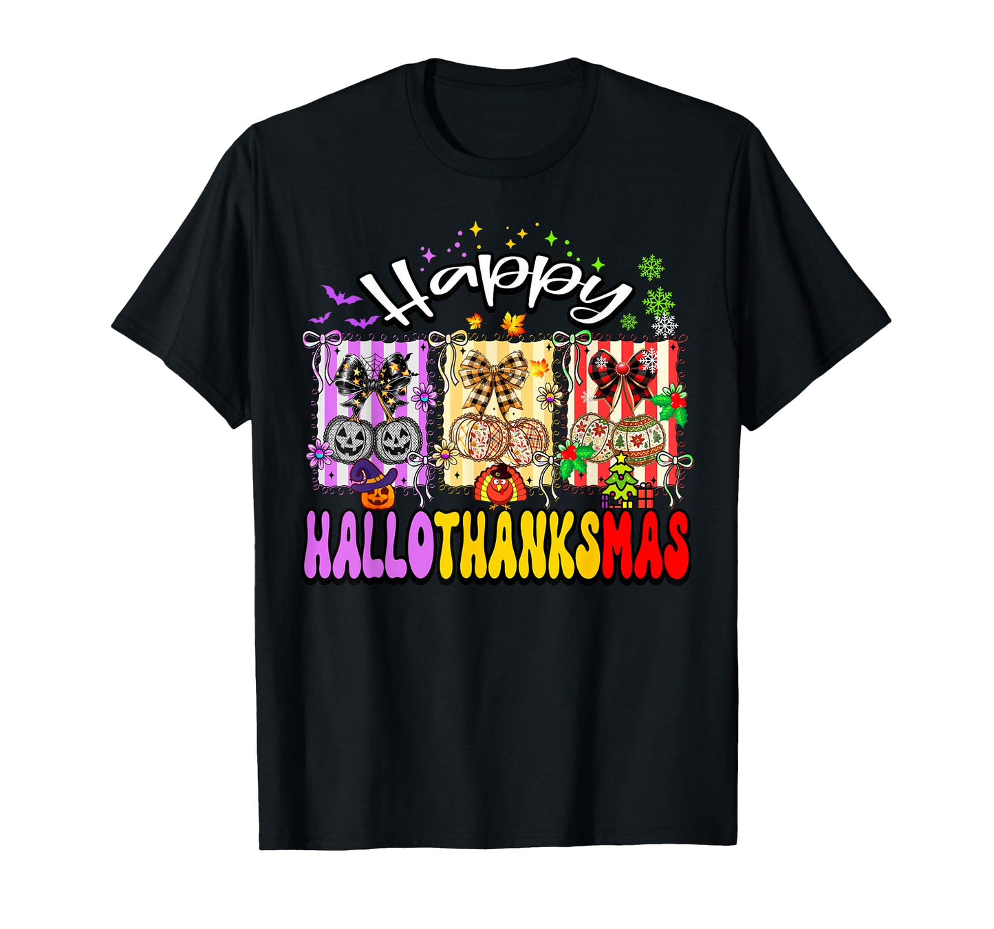 Happy Hallothanksmas Retro Halloween Thanksgiving Christmas T-Shirt