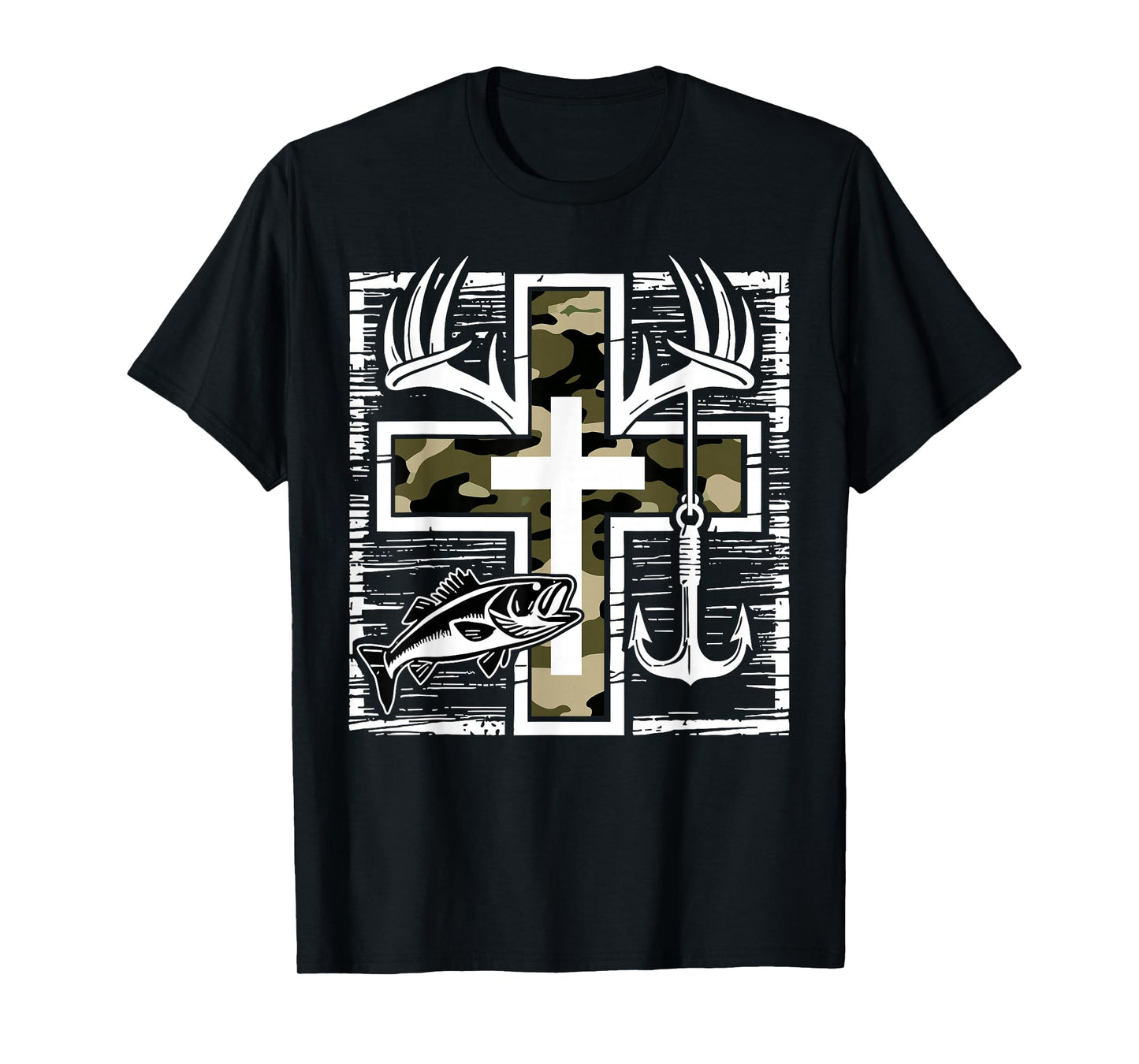 Faith Fishing Hunting Camo Cross with Hook Bass Christian T-Shirt