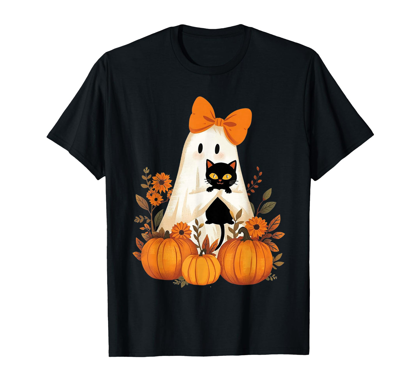Vintage Halloween Ghost Holding Cat Groovy Floral Cat Meme T-Shirt