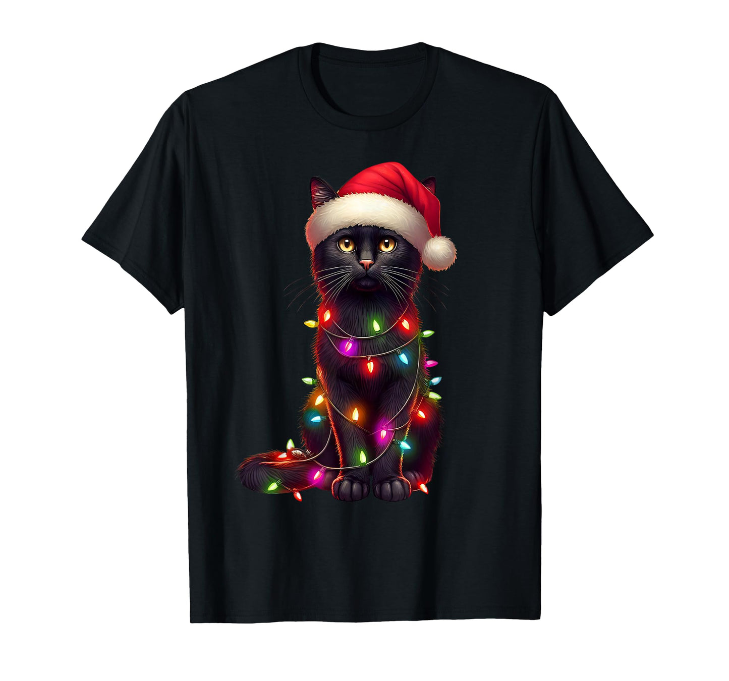 Black Cat Christmas Tree Lights Santa Xmas Pajama Cat Lover T-Shirt