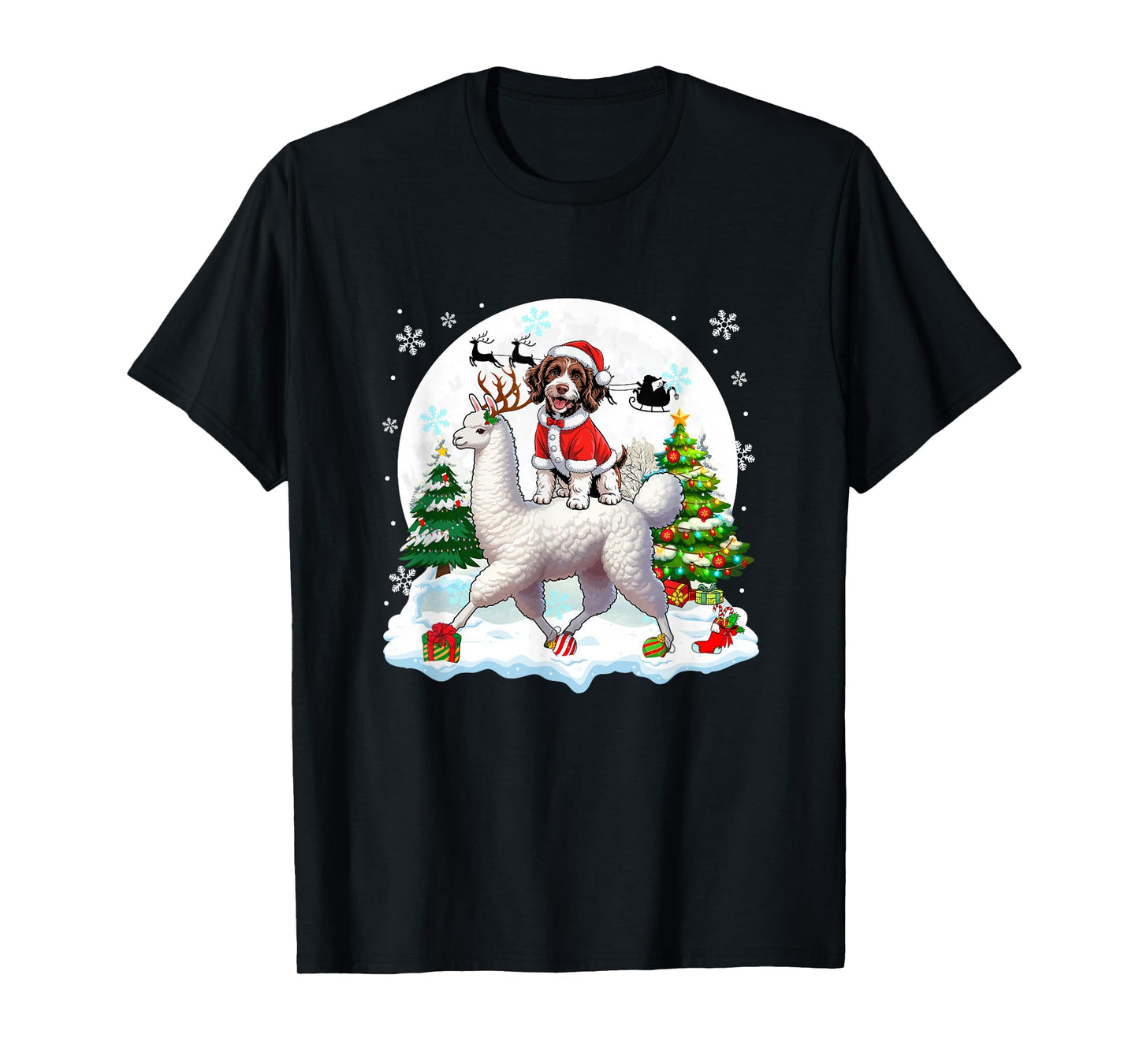Santa Sproodle Riding Llama Reindeer Christmas Owner Kids T-Shirt