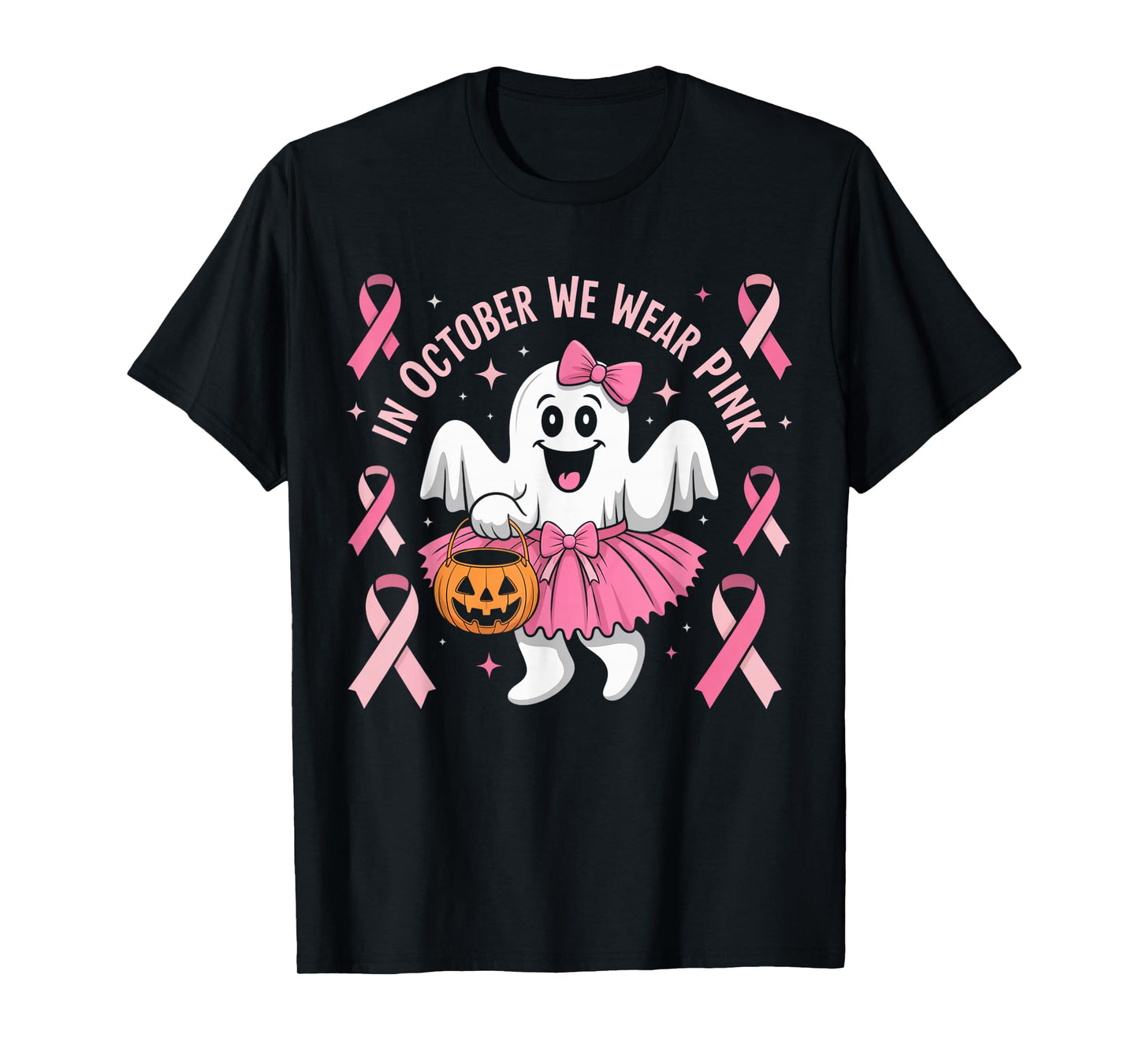 in October We Wear Pink Ghost Witch Breast Cancer Awareness T-Shirt