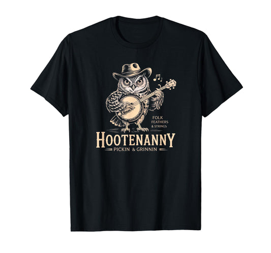 Hootenanny Owl Playing Banjo Country Guitar Music T-Shirt