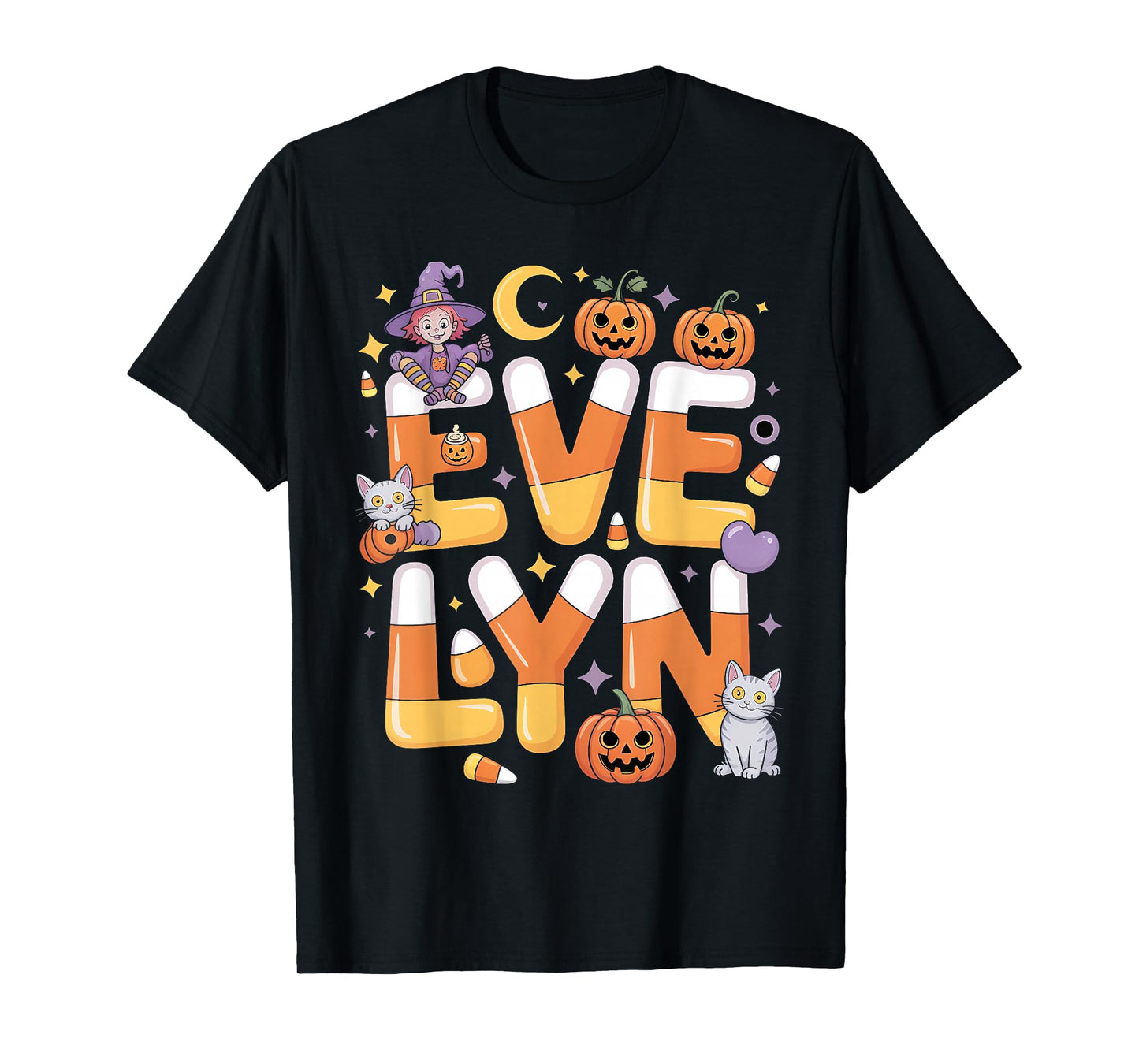 Evelyn Witch Candy Corn Cat Halloween Women and Girls T-Shirt