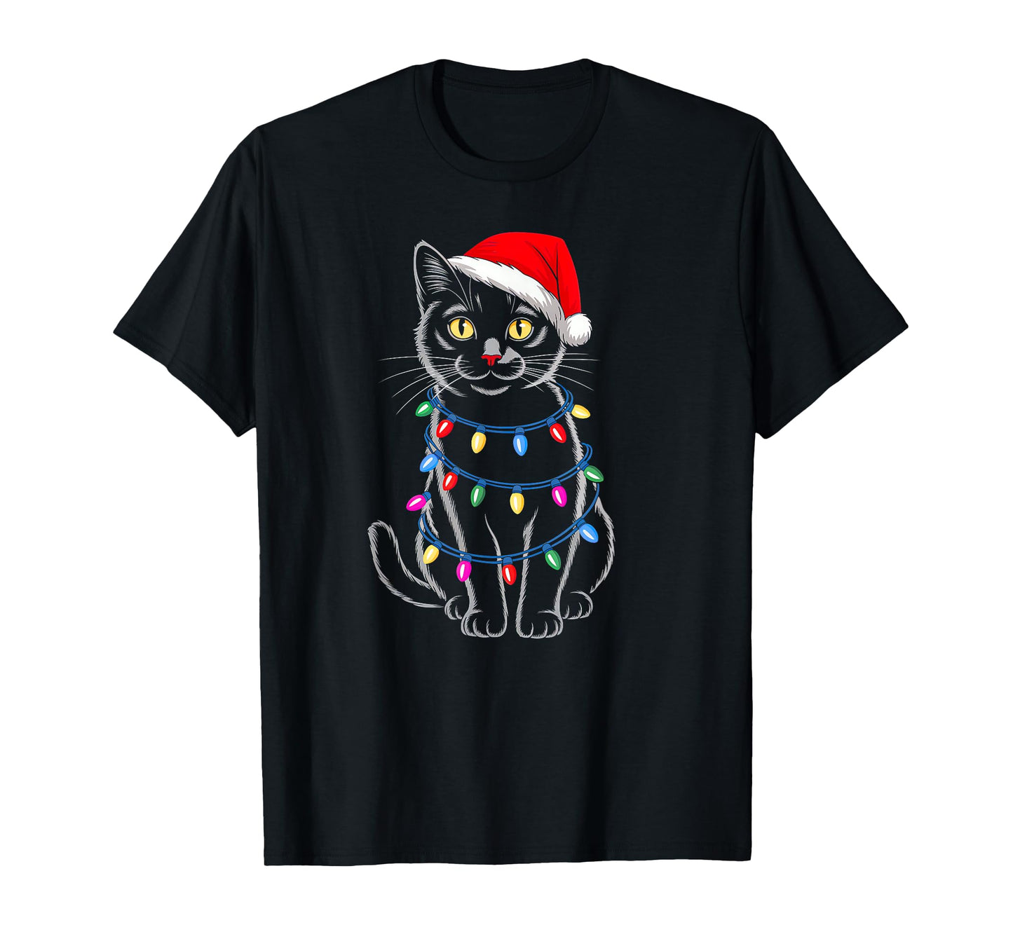 Black Cat Christmas Lights Santa Hat Family Xmas Cat Lovers T-Shirt
