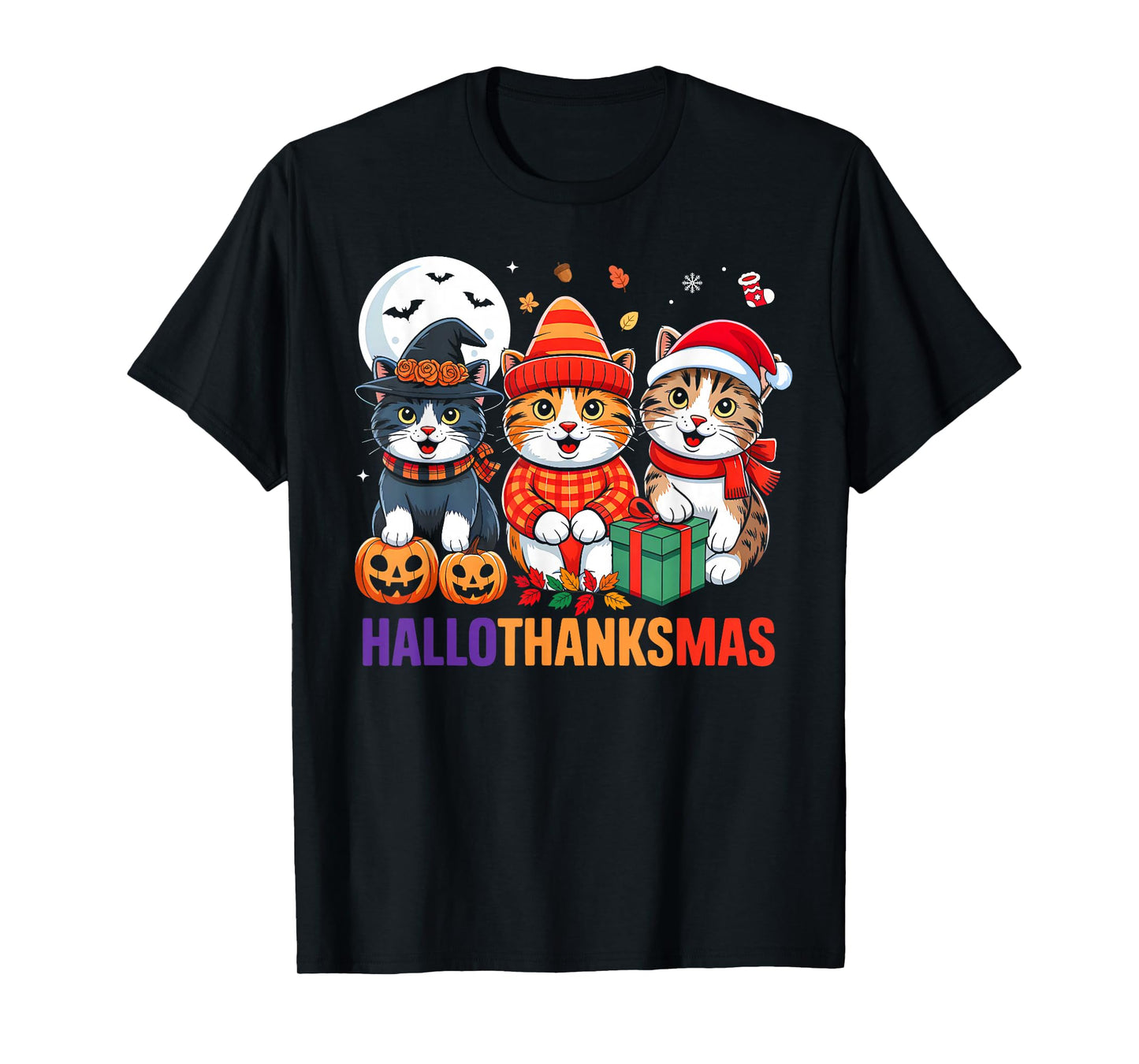 Cat Halloween Thanksgiving Christmas Happy HalloThanksMas T-Shirt