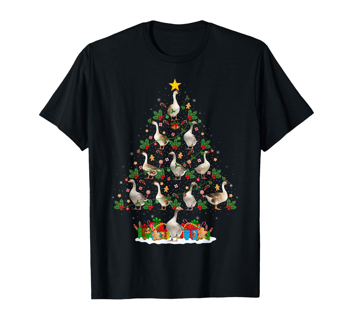 Goose Christmas Tree Lights Decor Funny Santa Hat Birds Xmas T-Shirt
