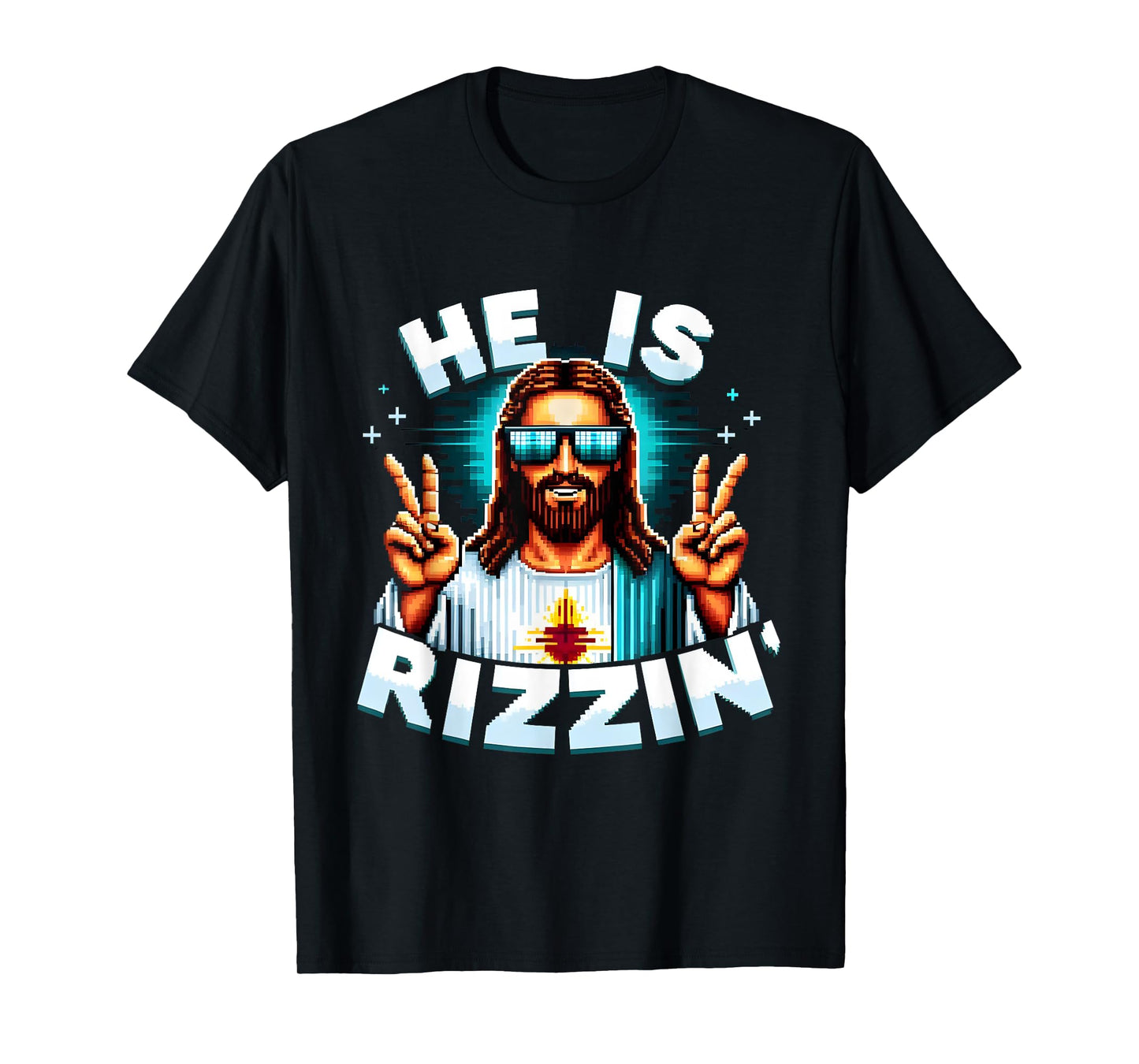 He Is Rizzen Jesus Has Rizzen Retro Christian Pixel Gaming T-Shirt