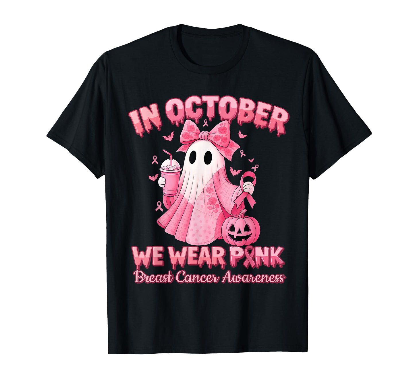in October We Wear Pink Ghost Witch Breast Cancer Awareness T-Shirt