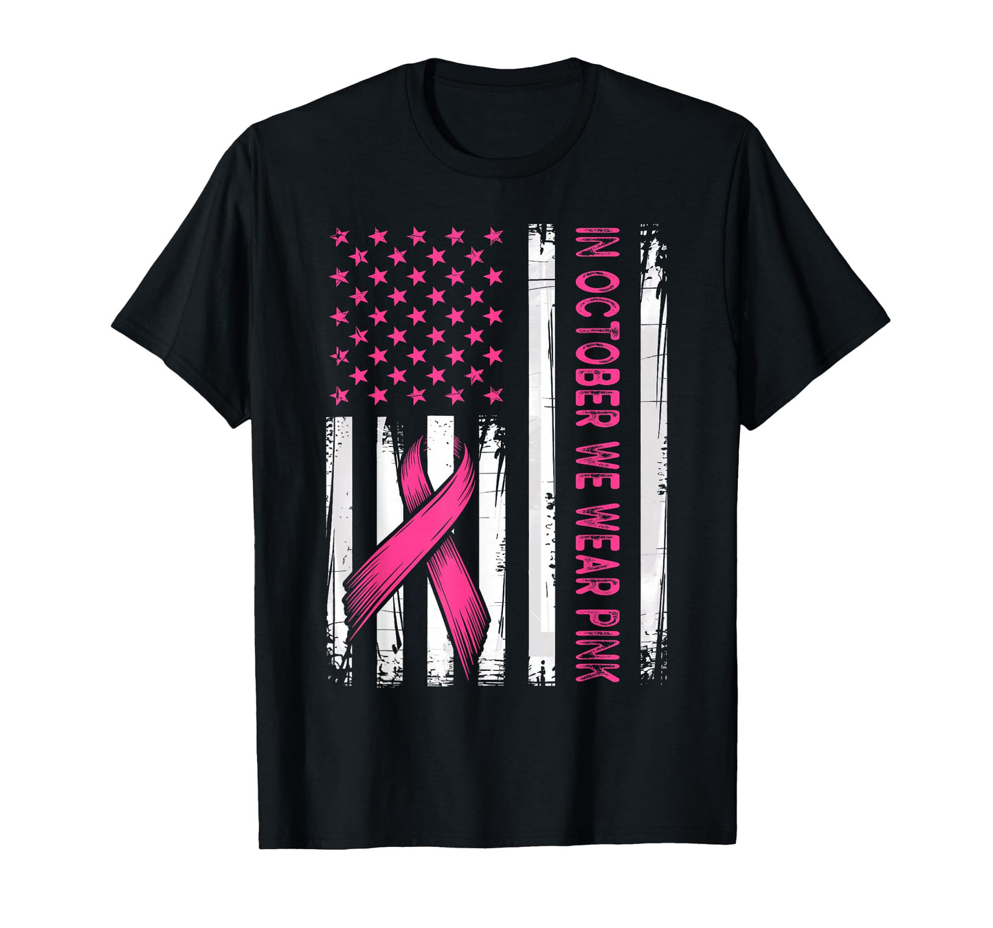in October We Wear Pink Vintage American Flag T-Shirt