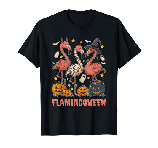 Flamingoween Halloween Flamingo Skeleton Witch Design T-Shirt