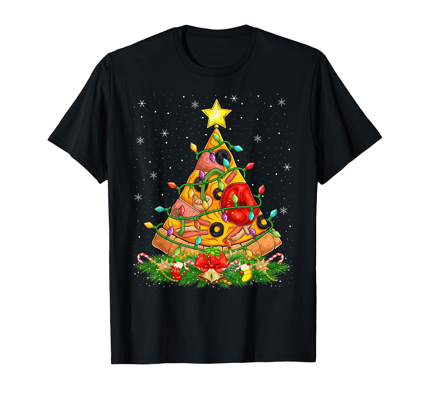 Pizza Christmas Tree Lights Funny Fast Food Pizza Lover Xmas T-Shirt