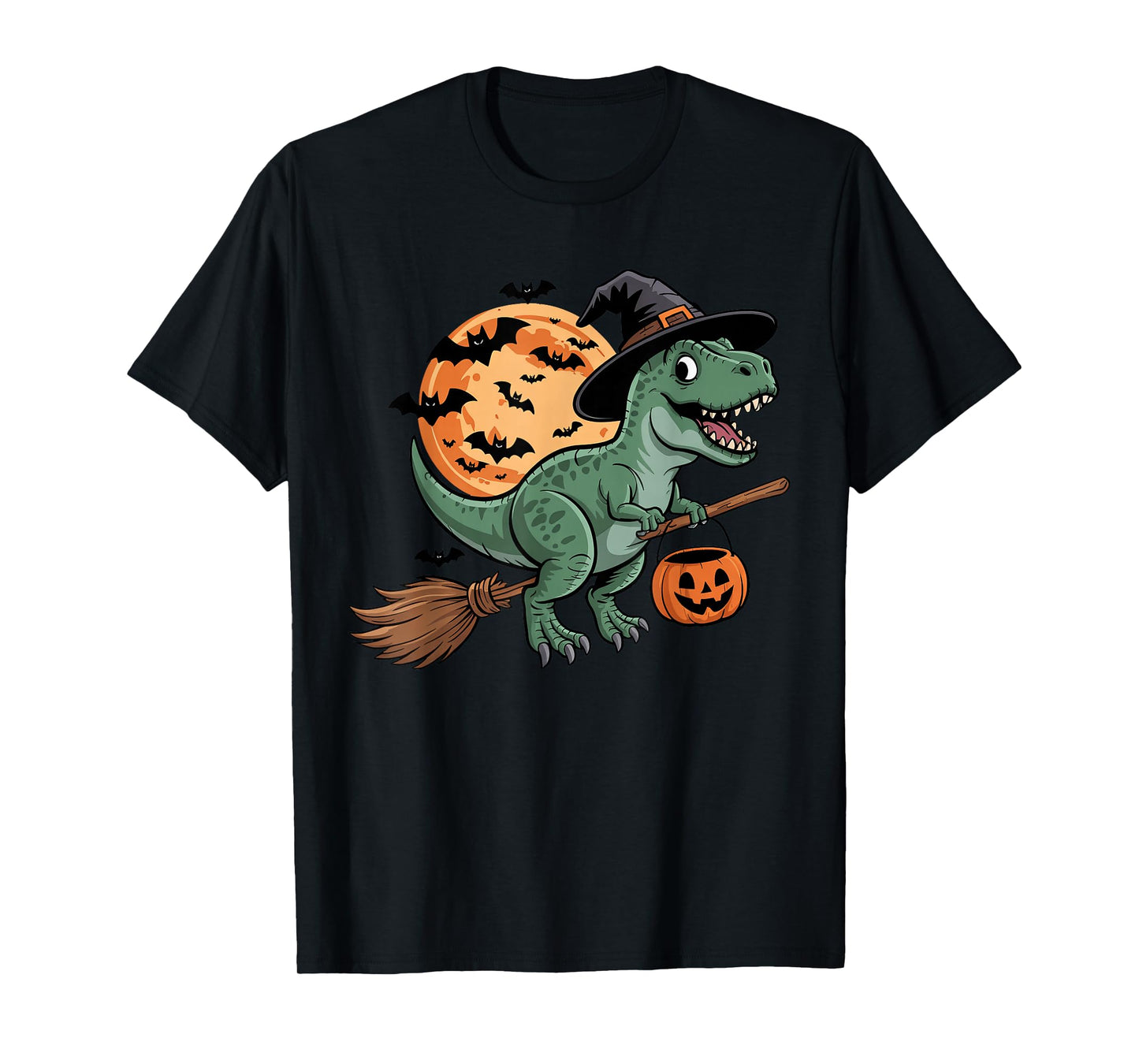 Halloween Dinosaur Witch Hat and Broom Pumpkin Candy Bucket T-Shirt