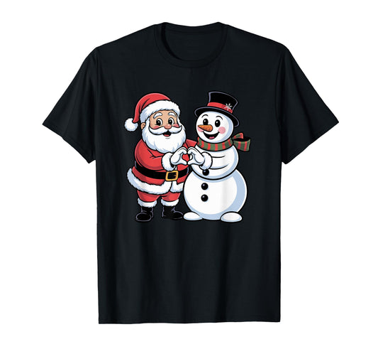 Santa Claus and Snowman Heart Hand Sign Christmas Kids Women T-Shirt