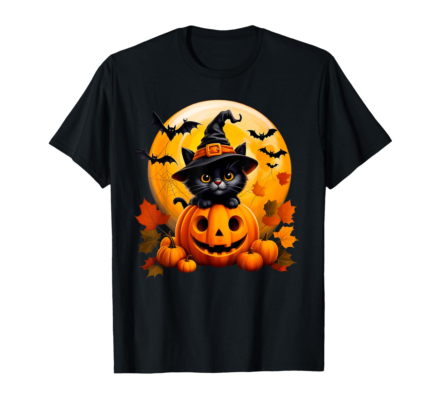 Black Witch cat with Pumpkins Bats for Autumn Fall Halloween T-Shirt