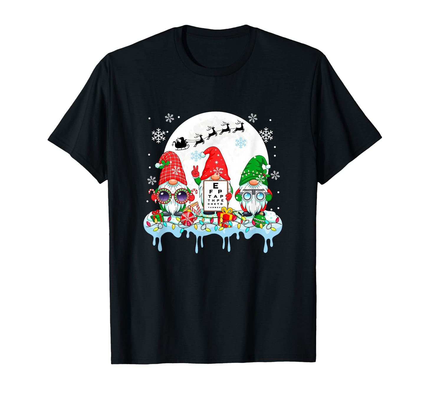 Three Colorful Gnomes with Optical Technician Tools Xmas T-Shirt