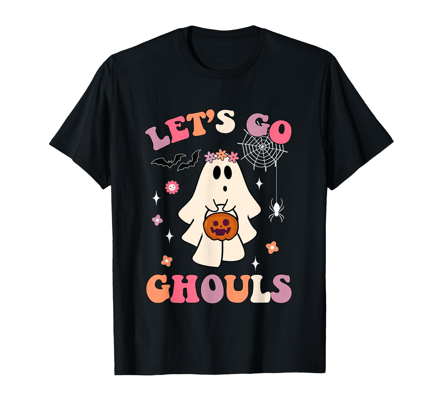 Funny Halloween Ghost Holding Pumpkin Let's Go Ghouls Groovy T-Shirt