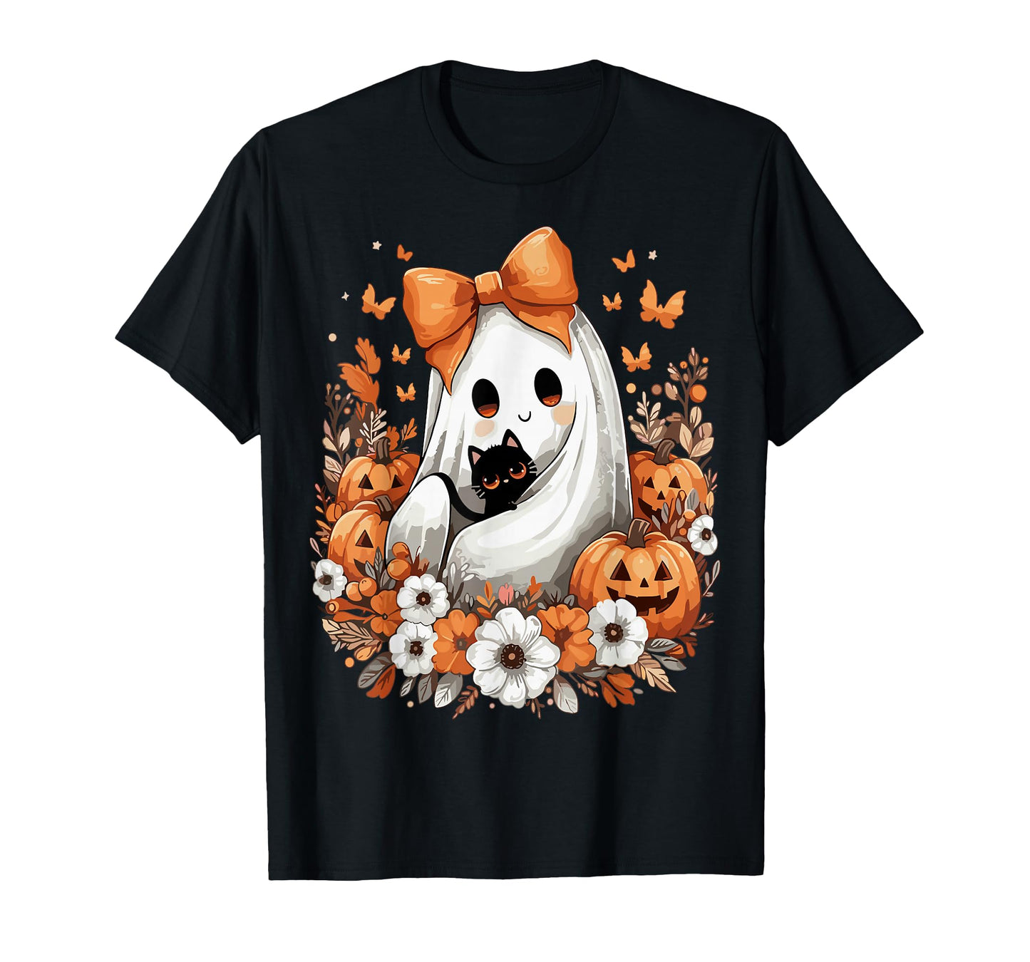 Halloween Vintage Ghost with Black Cat Pumpkin Flowers T-Shirt